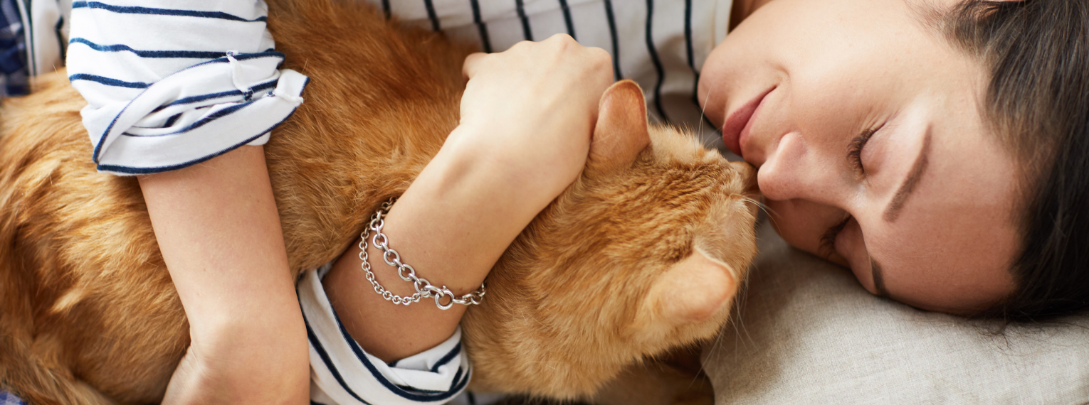 Eine Katze kuschelt mit einer Frau.