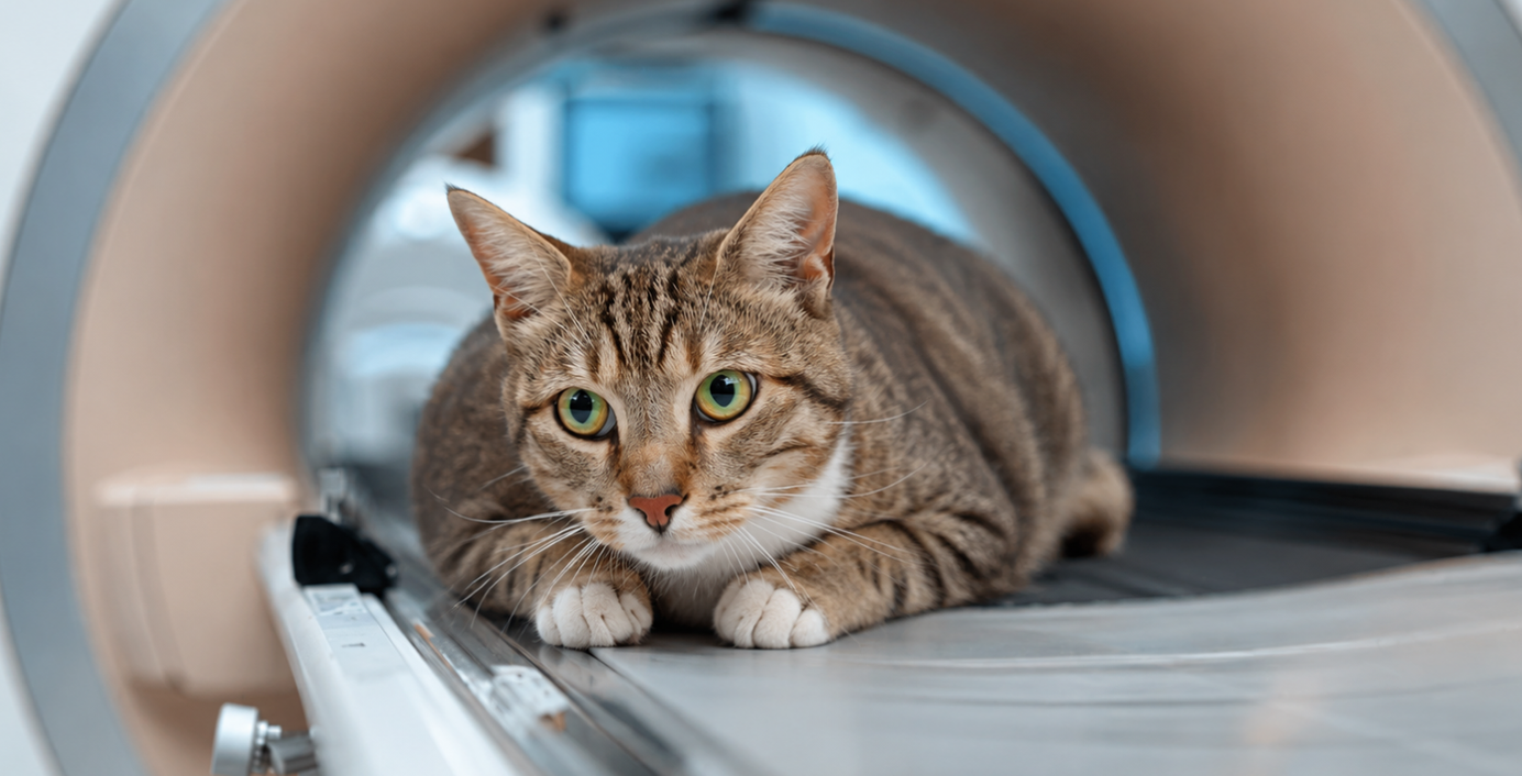 Eine Katze liegt in einem MRT-Scanner.