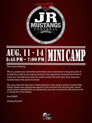 Jr. Mustangs Football Mini Camp Set for August 11–14 at Salina Stadium