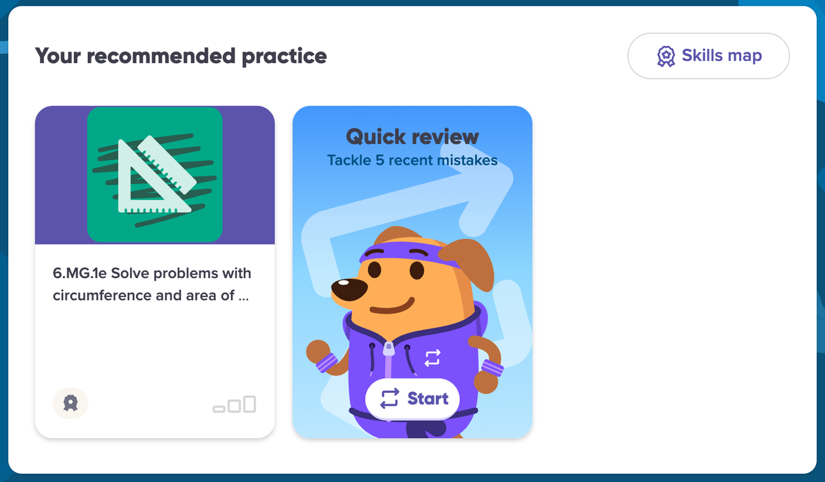 Mathspace student dashboard showing the quick review card.