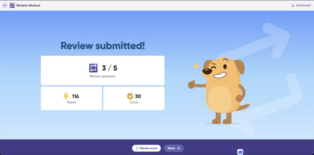 End-of-session screen showing 3 of 5 review questions correct.