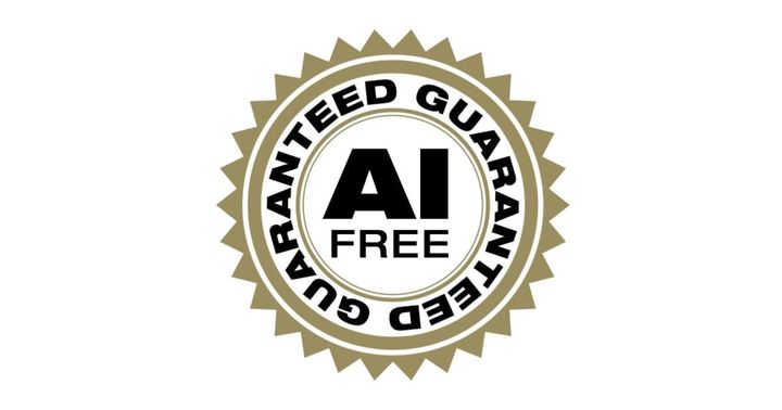 a gold rosette-style emblem with the words 'AI free guaranteed' 