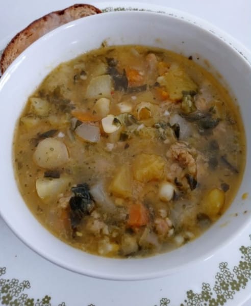 Butternut Squash, Corn, Potato Chowder, with Vegan Sausage