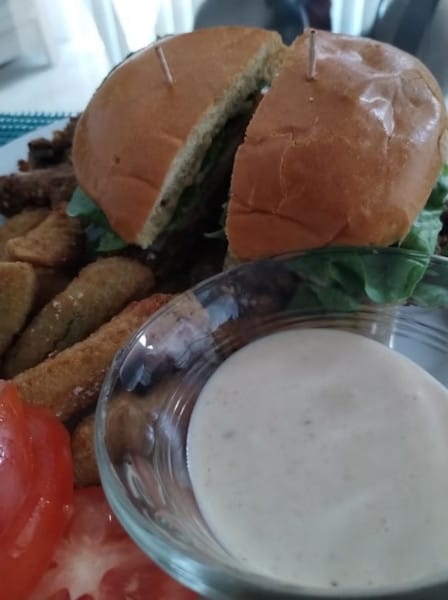 Crispy Blue Oyster Mushroom Burger with Spicy Hot Honey Mayo