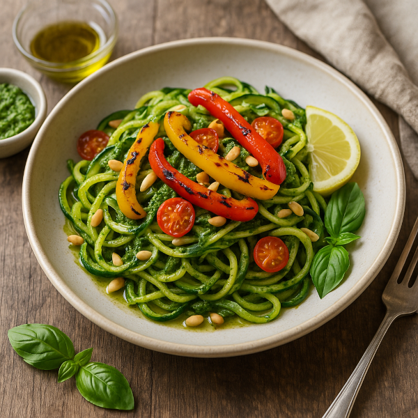 Zucchini “Pasta” with Basil Pesto and Grilled Peppers
