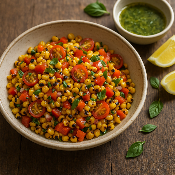 Charred Corn and Bell Pepper Salad with Basil Vinaigrette