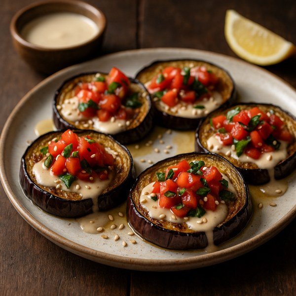 Roasted Eggplant with Tahini and Tomato Basil Relish