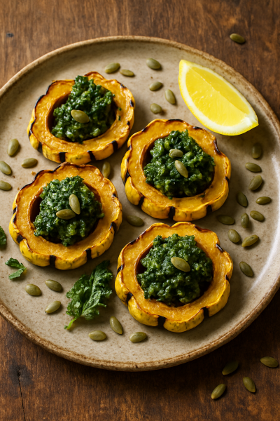 Delicata Rings with Kale Pumpkin Seed Pesto