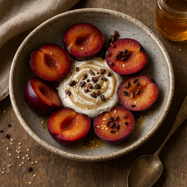 Plums with Tahini Yogurt and Cacao Nibs
