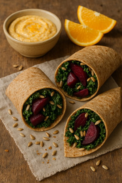 Roasted Beets and Kale Wrap with Citrus Hummus
