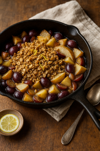 Warm Grape, Pear and Apple Skillet with Oat Crumble