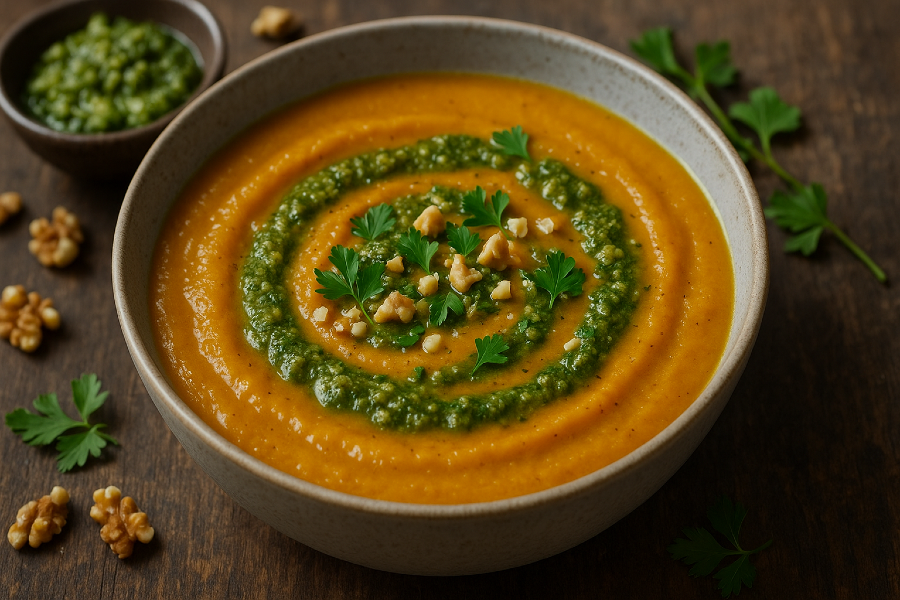 Roasted Pumpkin & Leek Soup with Walnut Pesto