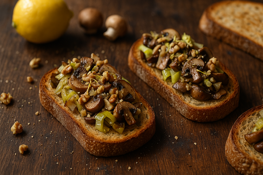 Leek and Mushroom Walnut Toasts