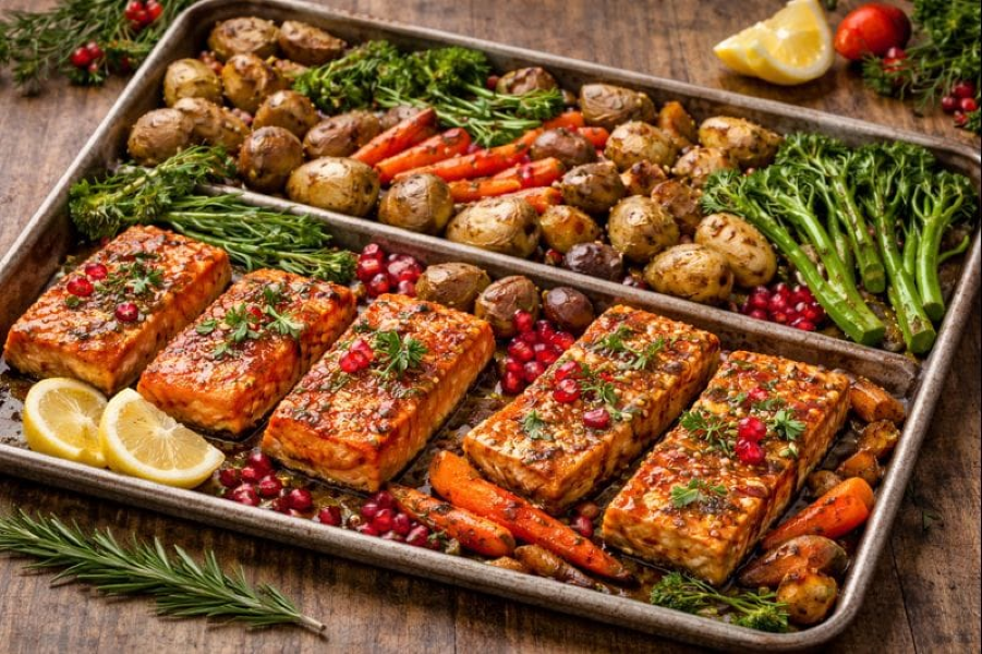 Holiday Sheet Pan Feast (Salmon or Miso Tofu)