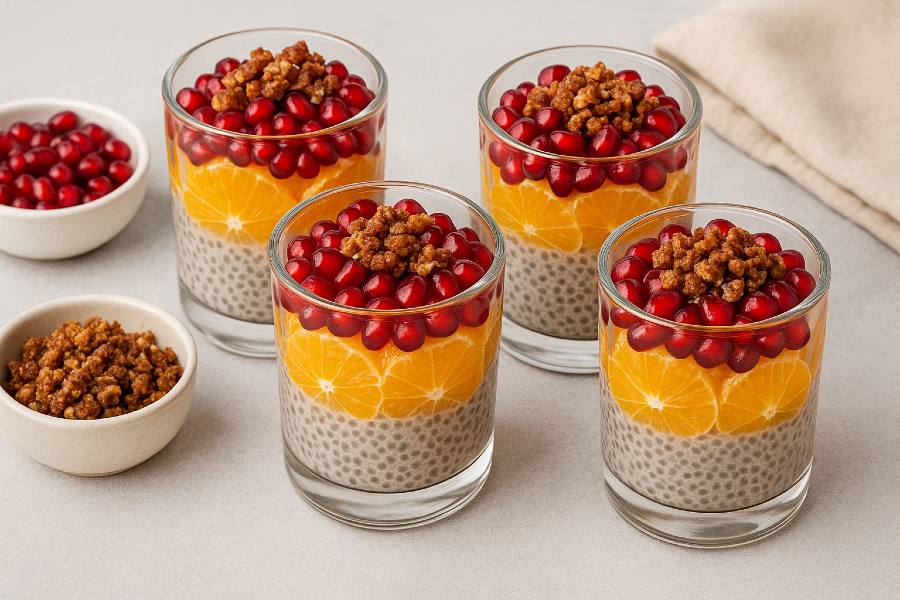 Pomegranate Citrus Chia Parfaits with Crunchy Nut Date Crumble