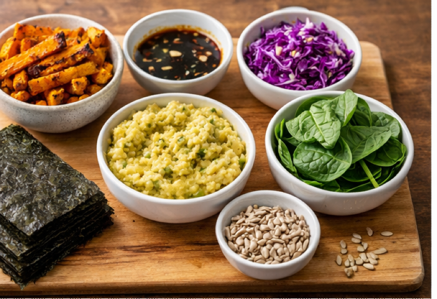 Turmeric Sweet Potato Nori Hand Rolls with Ginger Chickpea Mash