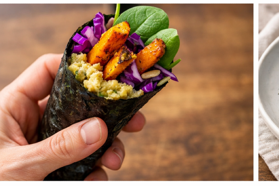 Turmeric Sweet Potato Nori Hand Rolls with Ginger Chickpea Mash