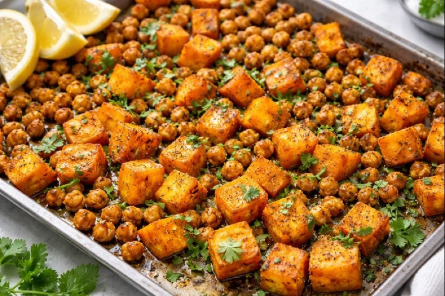 Sheet-Pan Turmeric Sweet Potatoes + Crispy Chickpeas