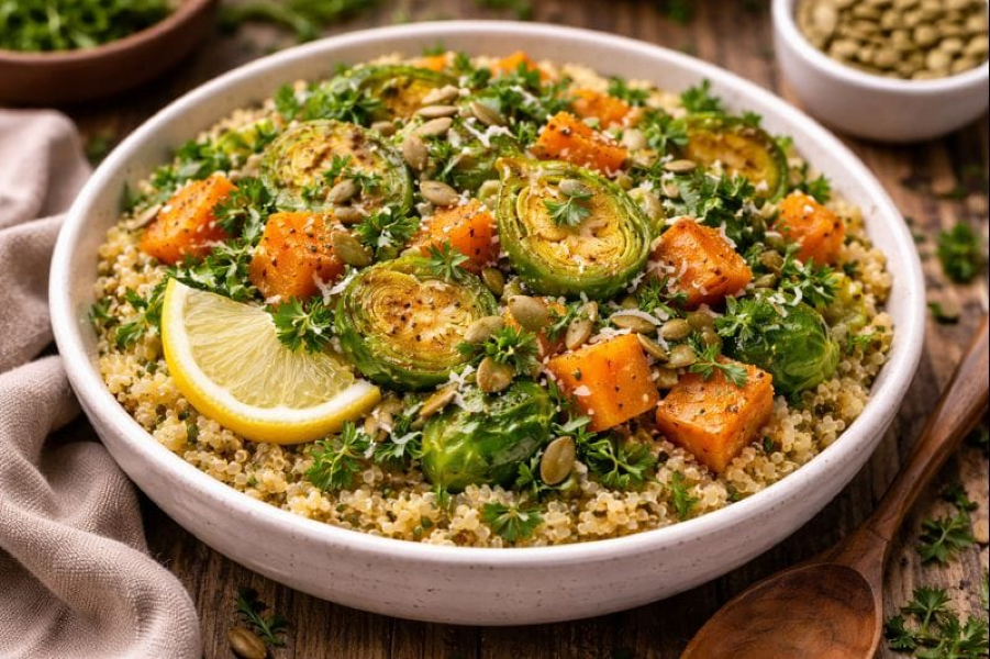 Brussels Sprouts + Sweet Potatoes with Coconut Curry Spice