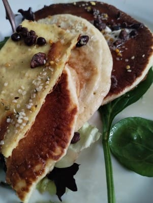 Sliced Cottage Cheese Egg Flatbread + 3 Pancakes + Fresh Herb Lettuce + Drizzle Maple and Superfoods