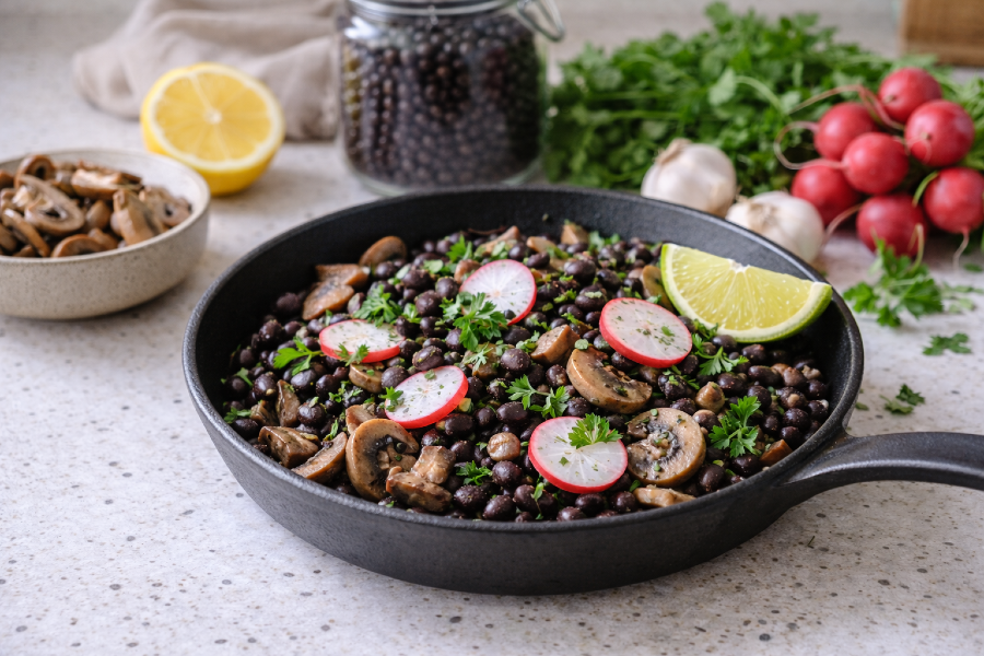 My 15 Minute Garlic Shiitake Black Bean Skillet (With Radish Parsley Crunch)