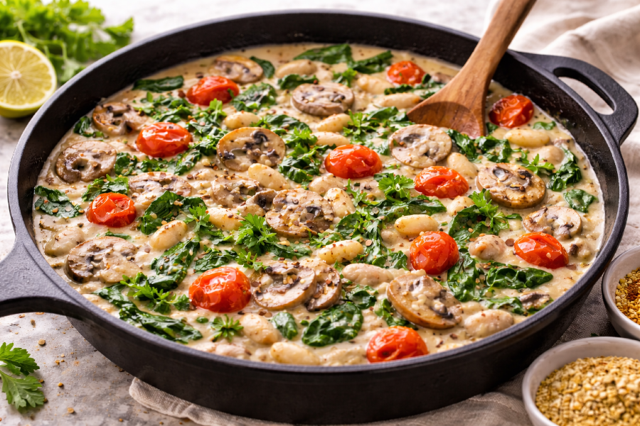 Creamy Mushroom and White Bean Skillet with Spinach and Burst Tomatoes