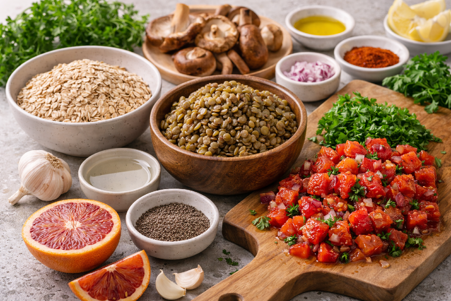 February Focus Foods Recipe: Crispy Shiitake Lentil Oat Patties + Bright Blood Orange Relish