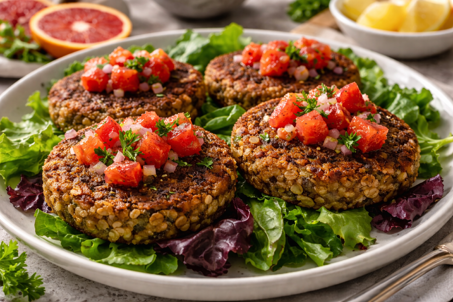 February Focus Foods Recipe: Crispy Shiitake Lentil Oat Patties + Bright Blood Orange Relish