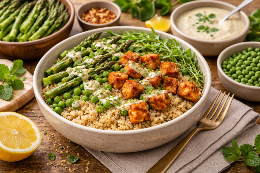 Warm Quinoa Power Bowl with Asparagus, Peas, Tempeh & Lemon Mint Tahini