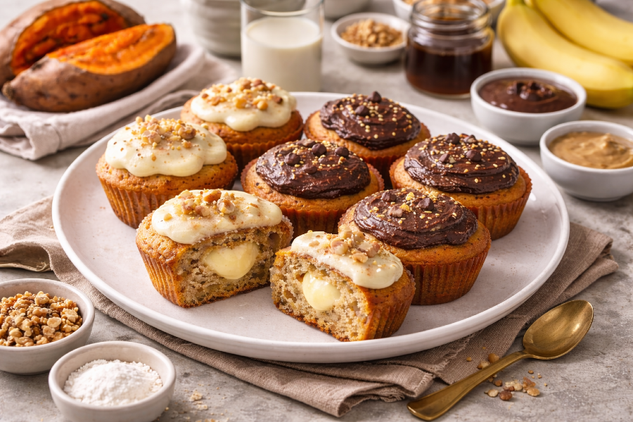 Sweet Potato Banana Custard Cupcakes with a Chocolate Tahini Twist