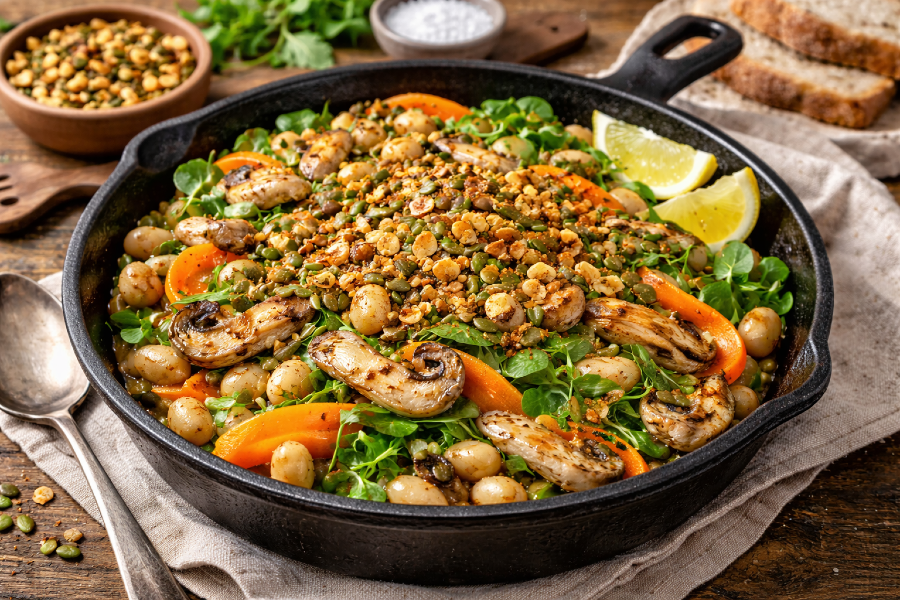 Warm White Bean and Oyster Mushroom Skillet with Carrots, Watercress, Chives, and Toasted Almond Pumpkin Seed Crumble