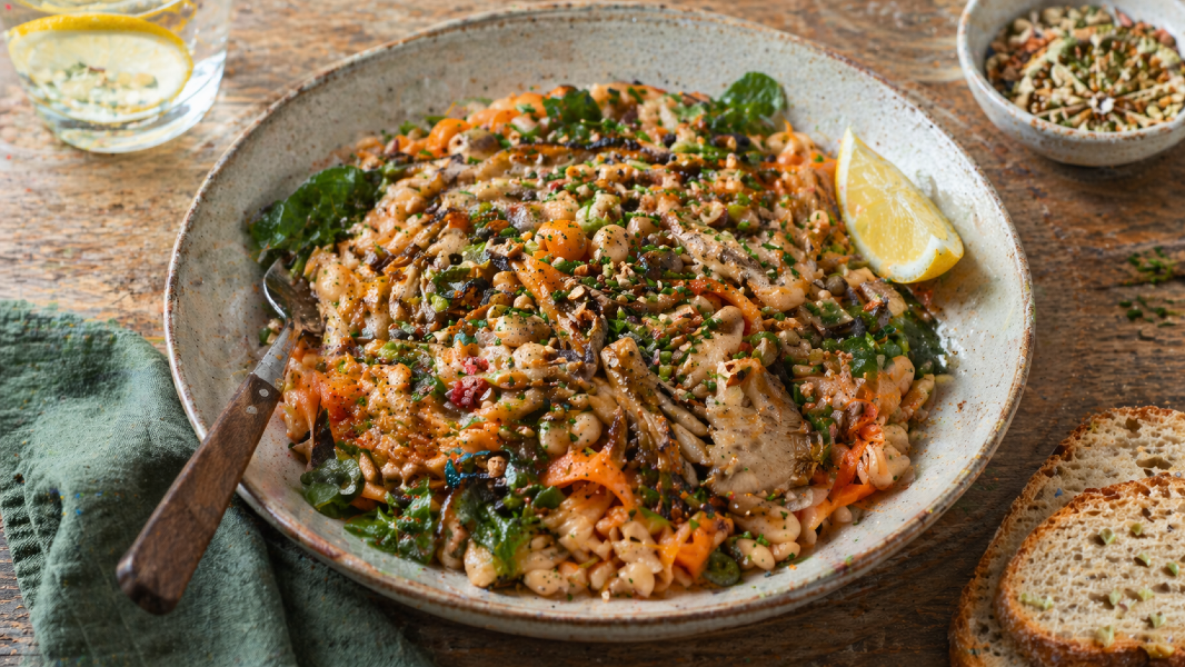 Warm White Bean and Oyster Mushroom Skillet