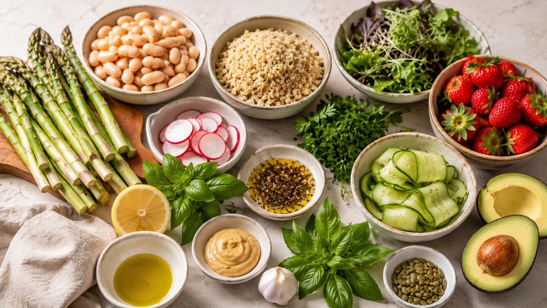 May Harvest Bowl with Lemon Herb White Beans, Grilled Asparagus & Strawberry Basil Quinoa