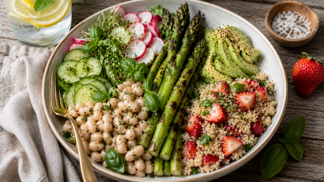 May Harvest Bowl with Lemon Herb White Beans, Grilled Asparagus & Strawberry Basil Quinoa