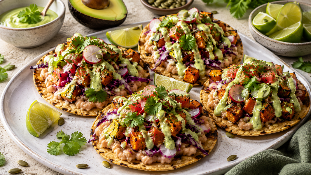 Crispy Smashed White Bean & Sweet Potato Tostadas with Creamy Avocado Lime Drizzle