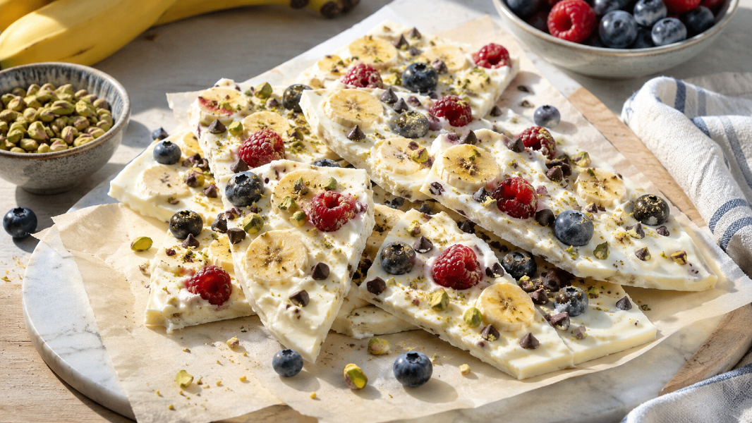 Frozen Yogurt Banana Bark with Berries and Pistachios