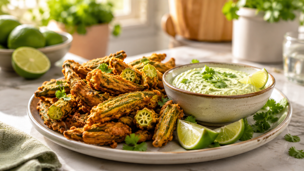 Crispy Chickpea Flour Okra Fritters with Cilantro Lime Cashew Dip