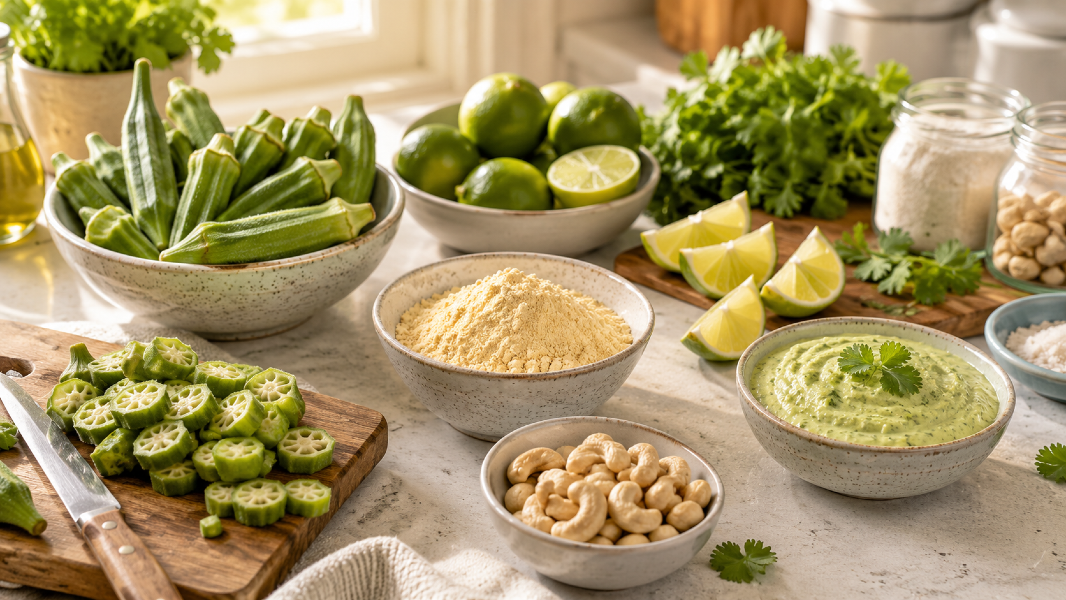 Crispy Chickpea Flour Okra Fritters with Cilantro Lime Cashew Dip