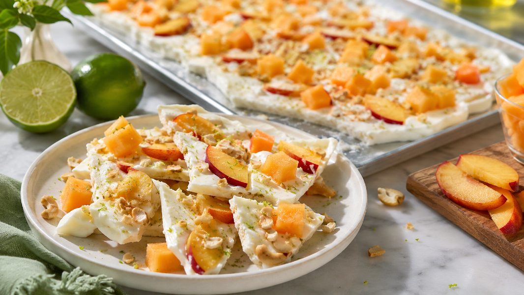 Frozen Yogurt Cantaloupe Nectarine Bark with Lime Cashew Crunch