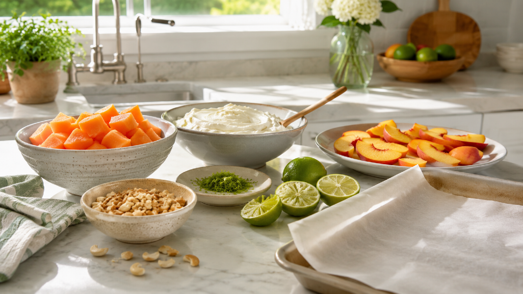 Frozen Yogurt Cantaloupe Nectarine Bark with Lime Cashew Crunch