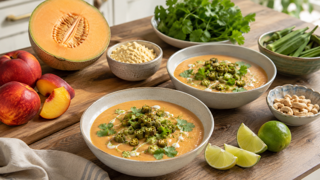 Chilled Cantaloupe Nectarine Gazpacho with Crispy Chickpea Okra Toppers