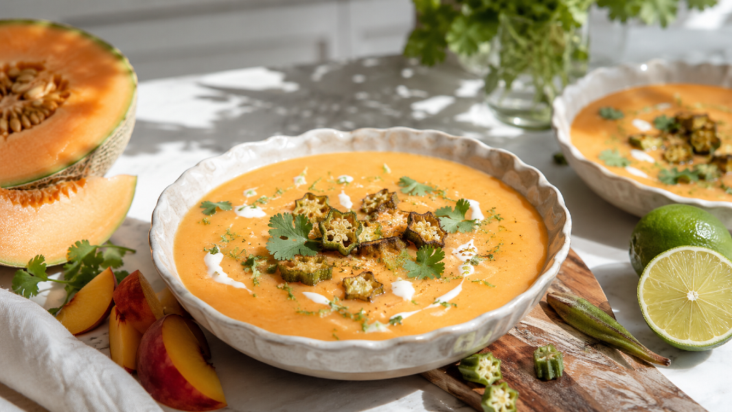 Chilled Cantaloupe Nectarine Gazpacho with Crispy Chickpea Okra Toppers
