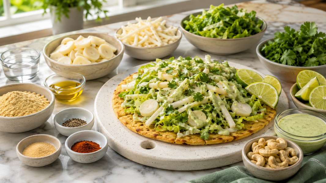 Chickpea Flour Skillet Flatbread with Hearts of Palm, Jicama and Cilantro-Lime Crunch