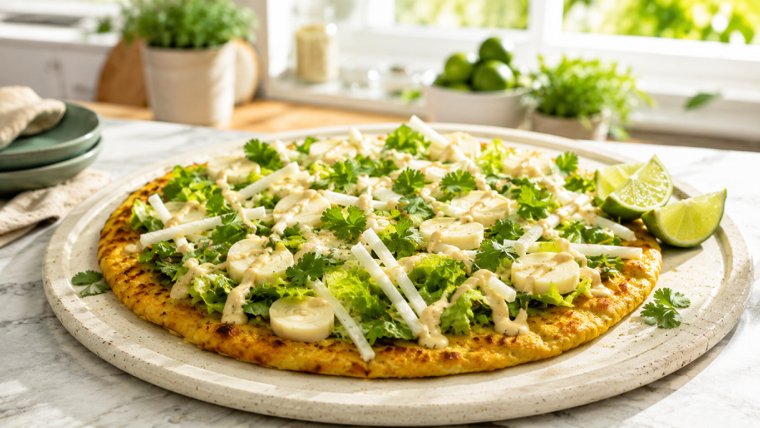 Chickpea Flour Skillet Flatbread with Hearts of Palm, Jicama and Cilantro-Lime Crunch