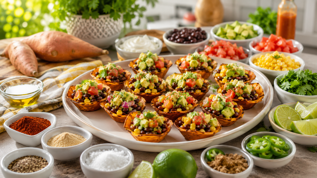 Crispy Sweet Potato Taco Cups with Avocado Corn Salsa