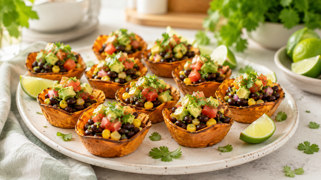 Crispy Sweet Potato Taco Cups with Avocado Corn Salsa