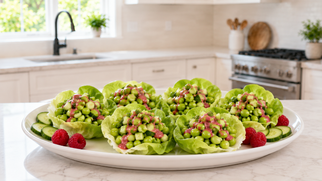Edamame Cucumber Lettuce Cups with Raspberry Miso Drizzle