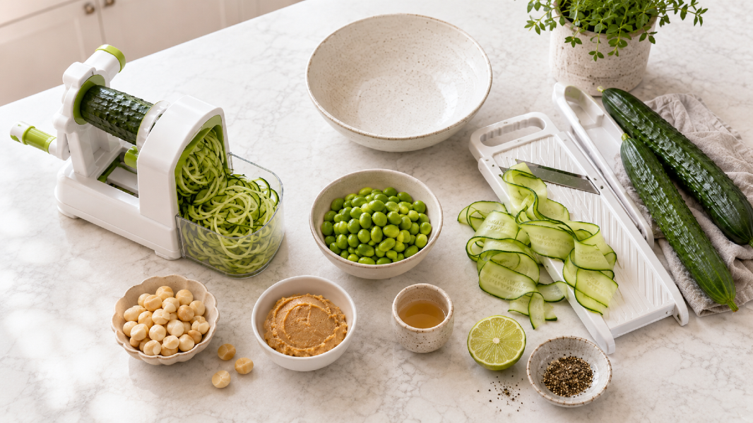 Creamy Macadamia Miso Cucumber Noodles with Edamame