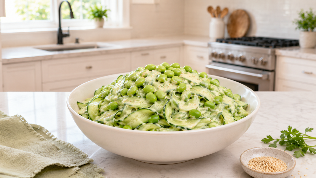 Creamy Macadamia Miso Cucumber Noodles with Edamame