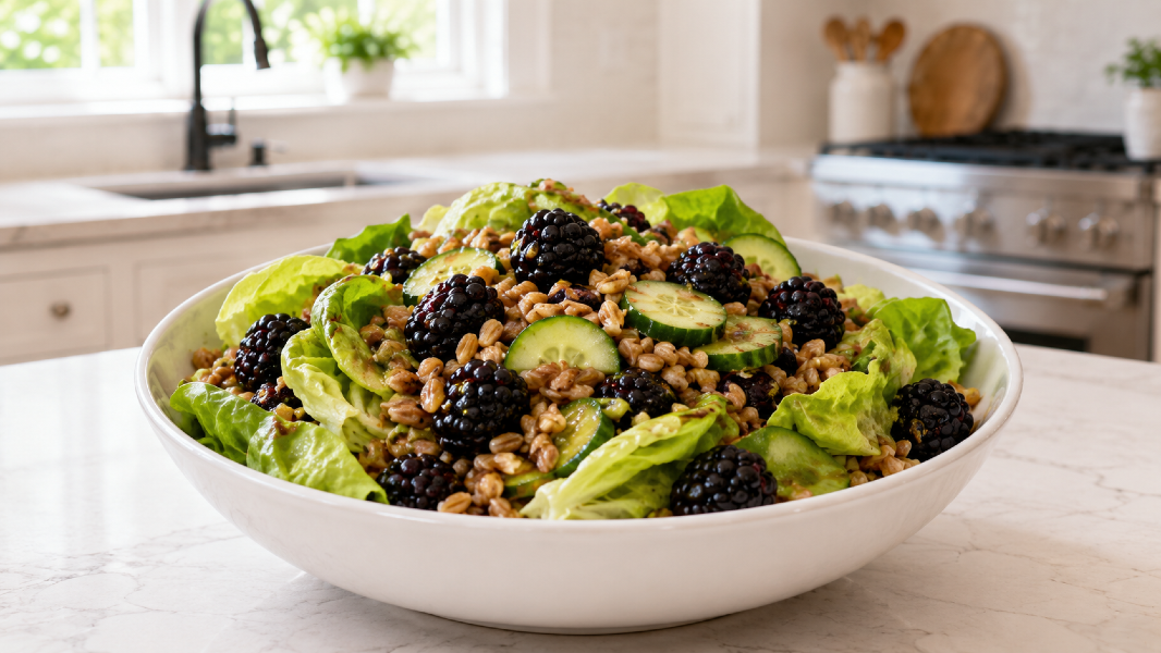 Blackberry Miso Farro Salad with Cucumber and Butter Lettuce